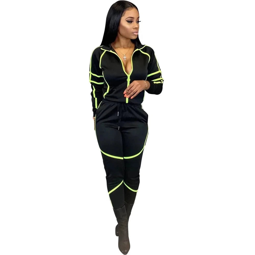 Customized / Black Custom Logo Splicing Women Two Piece Outfits Zip Top Jacket Elastic Jogging Pants Streetwear Casual Sweatsuit Tracksuit Set