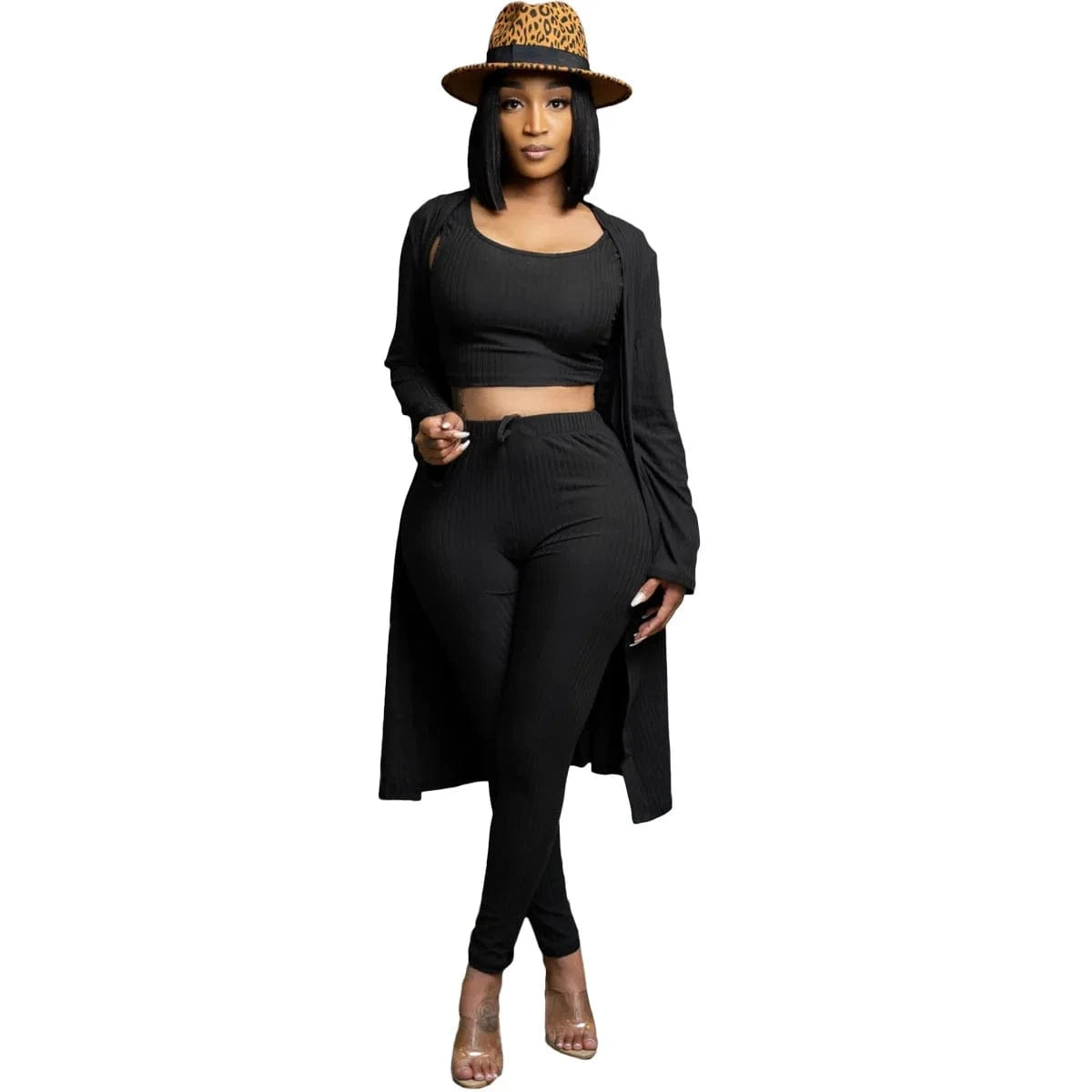 Customized / Black New Autumn Winter Ribbed 3pcs knitted Women Clothes Cardigan Coat Crop Top High Waist Long Pants Tracksuit 3 Piece Set Women