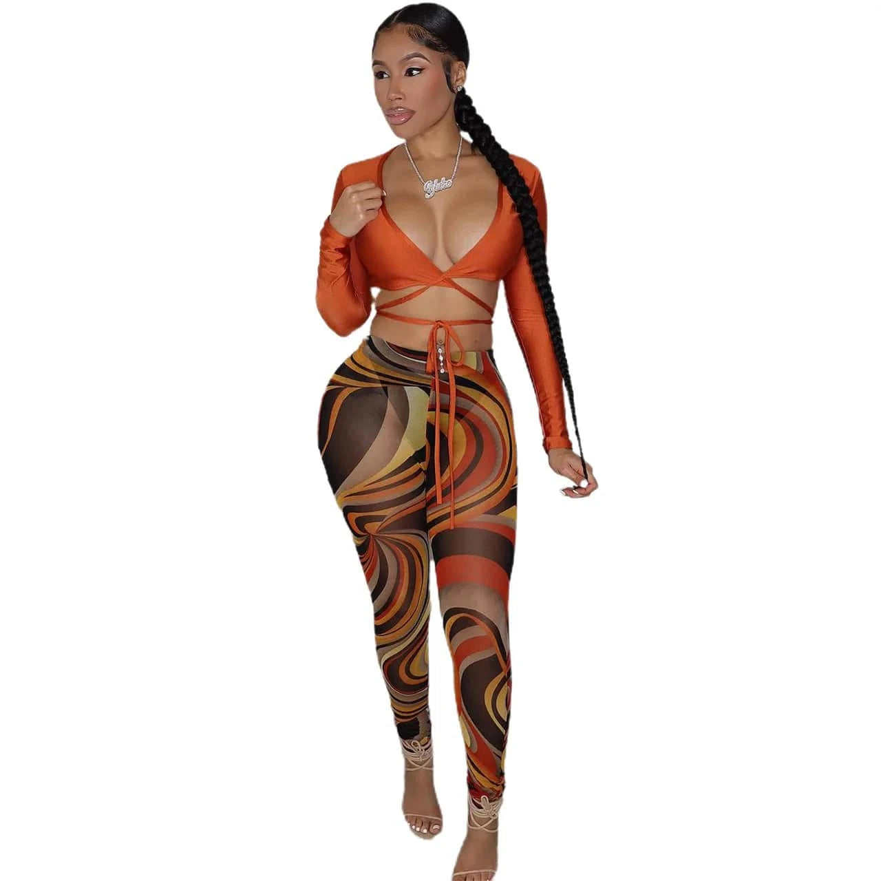 Customized / Caramel Summer Bandage Two Piece Set Sexy V Neck Lace Up Long Sleeve Crop Top Print Sheer Mesh Pants Club Party 2 Piece Set Women