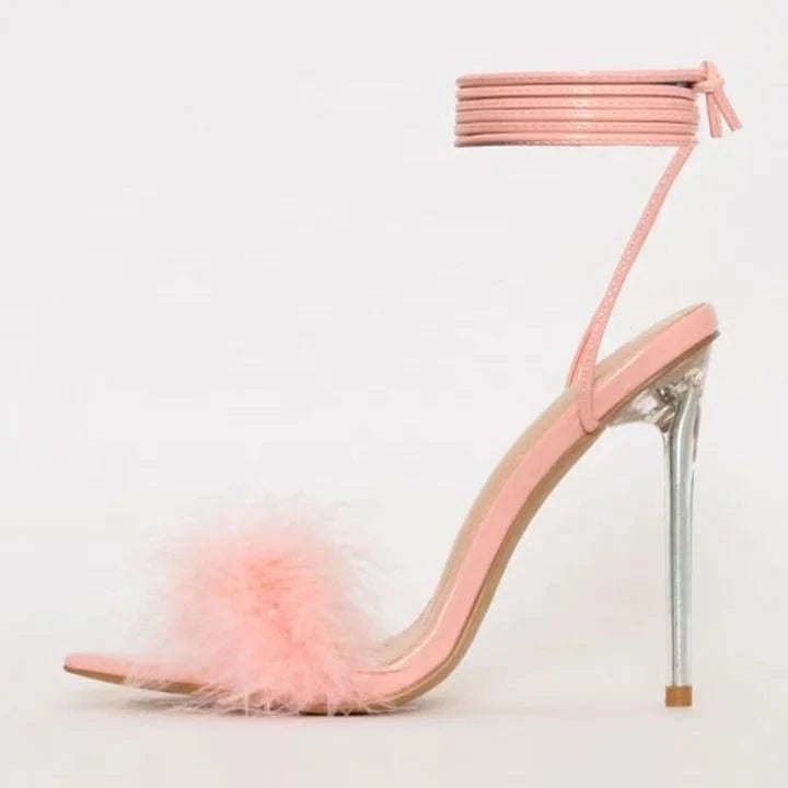 Customized Clear Heel Sandals Fashion Pink Furry Sexy Pointed Toe Lace-up Women Sandals