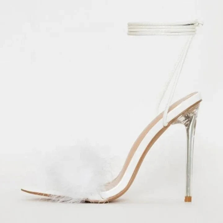 Customized Clear Heel Sandals Fashion Pink Furry Sexy Pointed Toe Lace-up Women Sandals