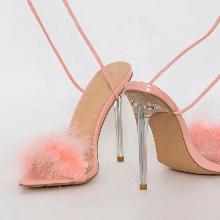 Customized Clear Heel Sandals Fashion Pink Furry Sexy Pointed Toe Lace-up Women Sandals