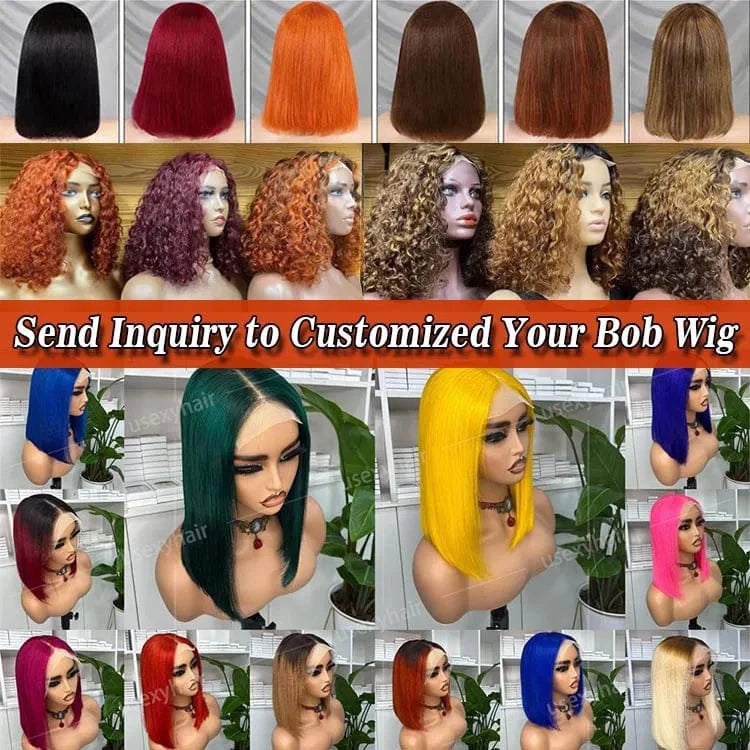customized color bob / 10"full machine made bob with bangs Sample Hair 34 36 40 Inch 613 Blonde Colored Body Wave Full Frontal HD Transparent 13x4 13x6 Lace Human Hair Wigs Lace Front Wigs For Women