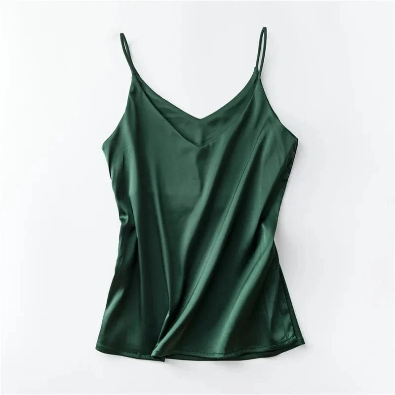 Customized / Dark Green Women Summer Silk-Like Satin Tank Top Camisole Ladies Bottoming Shirt Sexy V-Neck Plain Camis 2024
