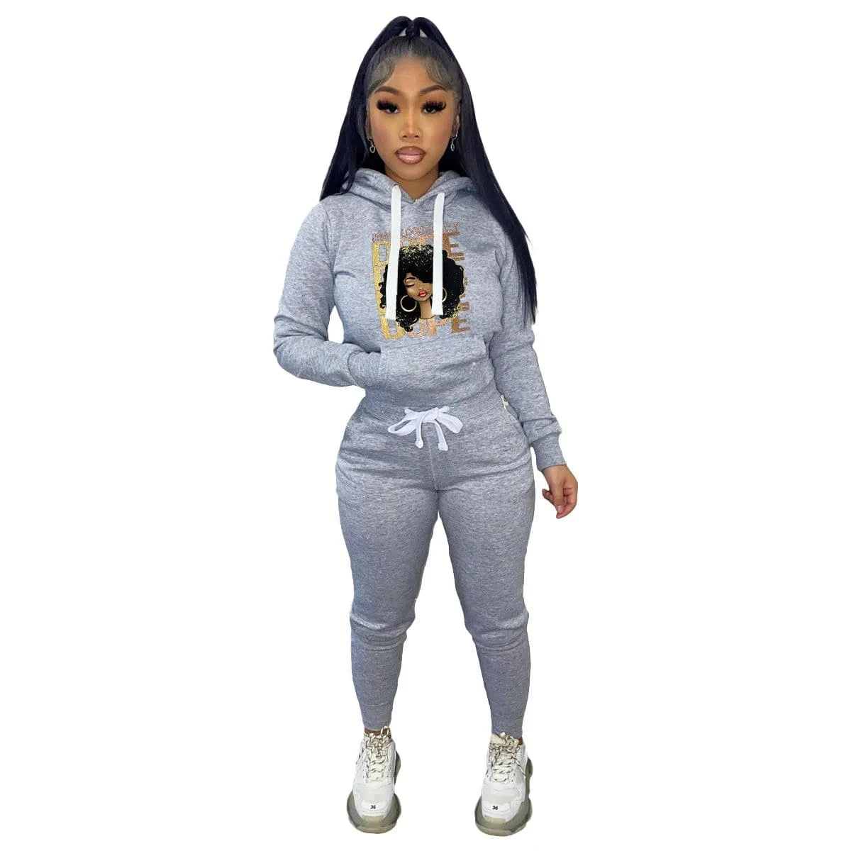 Customized / Gray Print Pullover Hoodies Sweatsuits Women Two Piece Set Autumn Winter Fashion Casual Long Sleeve Hooded Sweatpants Tracksuits