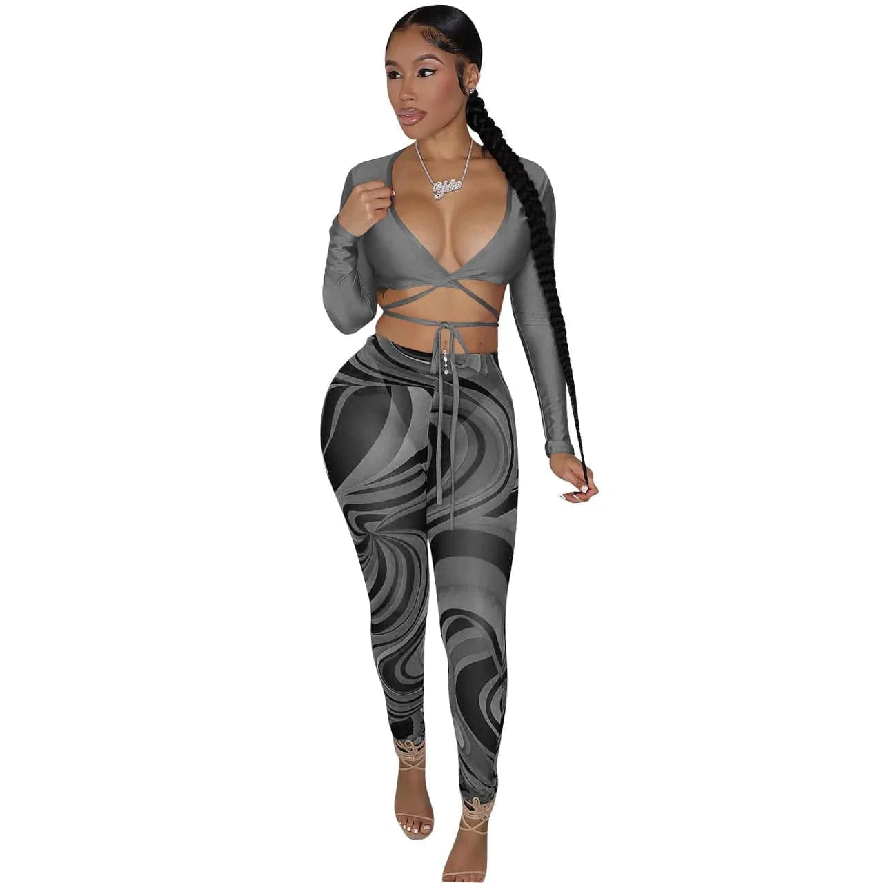 Customized / Gray Summer Bandage Two Piece Set Sexy V Neck Lace Up Long Sleeve Crop Top Print Sheer Mesh Pants Club Party 2 Piece Set Women