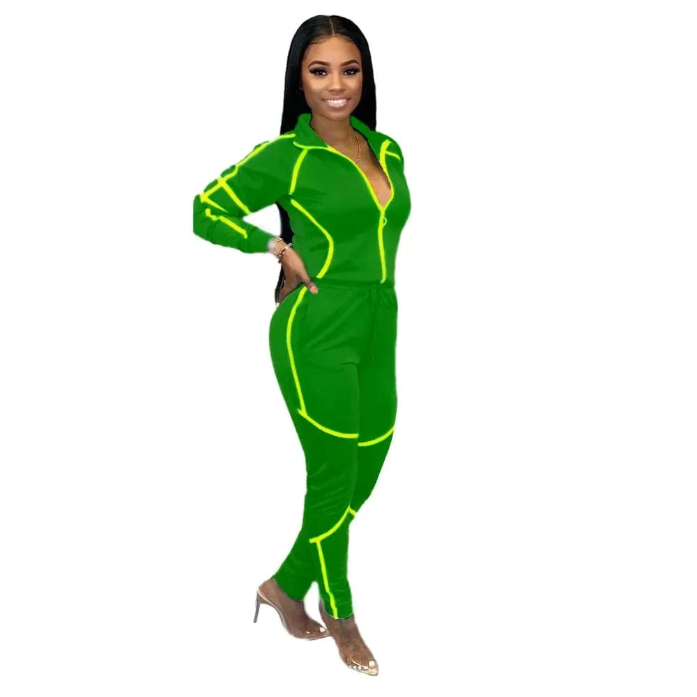 Customized / Green Custom Logo Splicing Women Two Piece Outfits Zip Top Jacket Elastic Jogging Pants Streetwear Casual Sweatsuit Tracksuit Set