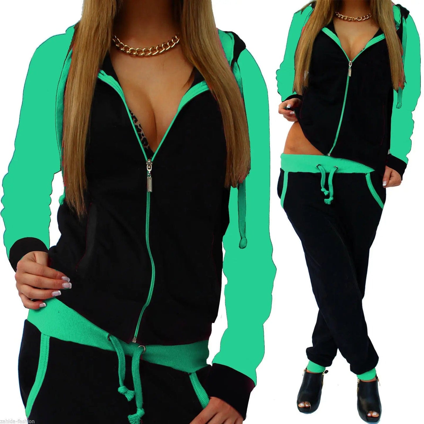 Customized / Green Fall Wholesale Femme Wear Sets Zipper Hoodie Tracksuit Long Sleeve Two Piece Track Jogging Suits Women