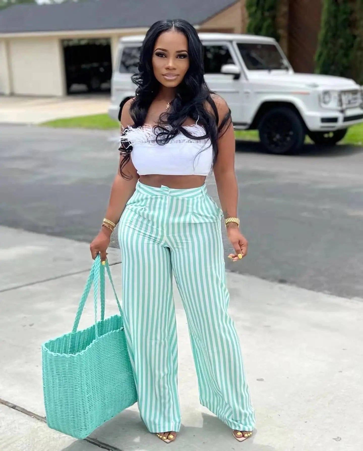 Customized / Green Striped Women Wide Leg Pants Fashion Print High Waist Female Trouser Sexy Streetwear Loose Casual Streetwear Trousers