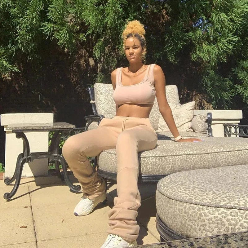 Customized / Khaki Custom Logo Stacked Sweatpants Women Fashion Fall Sports Joggers Drawstring Trousers Casual High Waist Women Stacked Pants