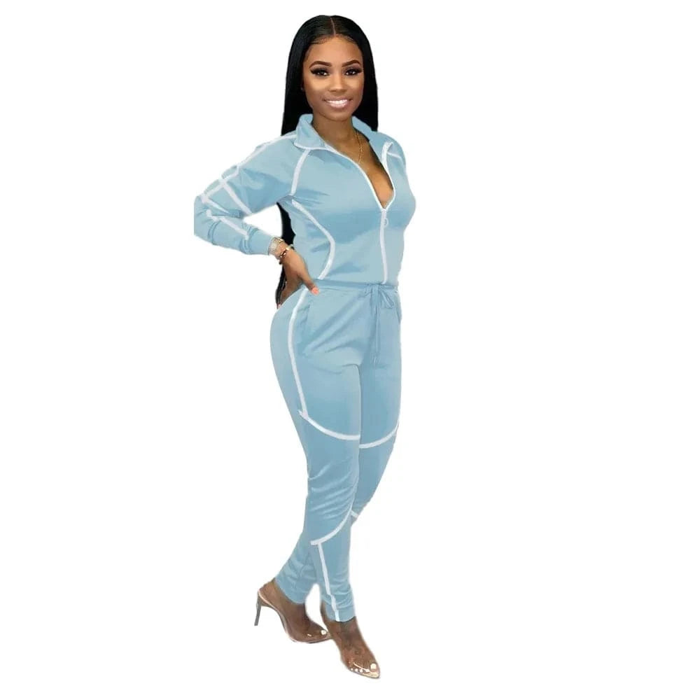 Customized / Light Blue Custom Logo Splicing Women Two Piece Outfits Zip Top Jacket Elastic Jogging Pants Streetwear Casual Sweatsuit Tracksuit Set
