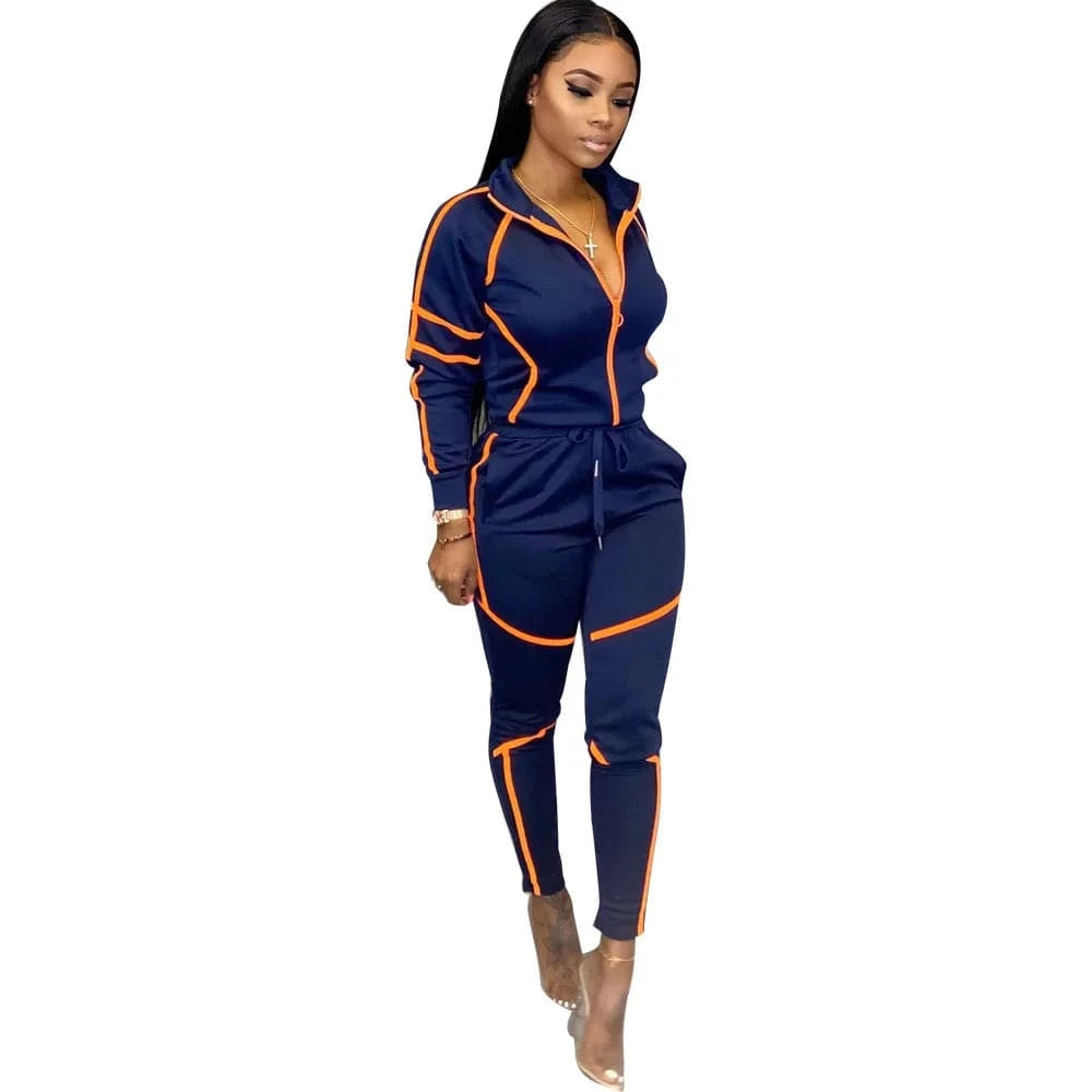 Customized / NAVY Custom Logo Splicing Women Two Piece Outfits Zip Top Jacket Elastic Jogging Pants Streetwear Casual Sweatsuit Tracksuit Set