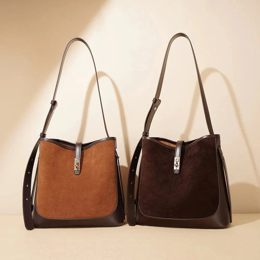 Customized OEM Design Brown Suede Leather Hand Bag 2024 Latest Cowhide Genuine Suede Bag Luxury White Fur Decorated Bag