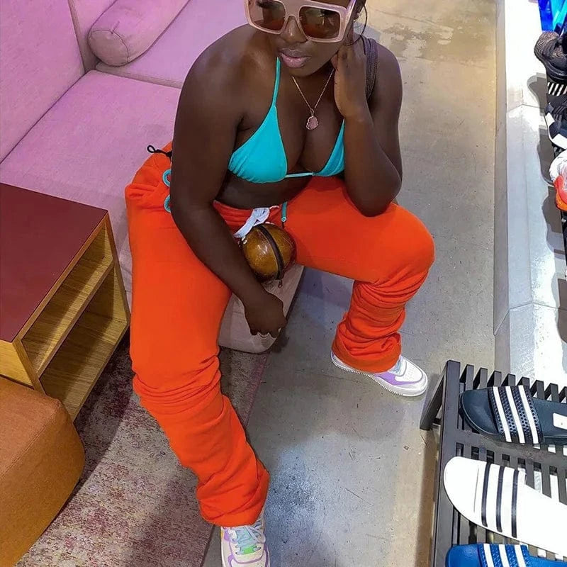 Customized / Orange Custom Logo Stacked Sweatpants Women Fashion Fall Sports Joggers Drawstring Trousers Casual High Waist Women Stacked Pants