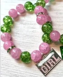 Customized Pink and Green Rhinestones Beads Greek Letter Charm Elastic Sorority Charm Women Bracelets Jade Bracelets
