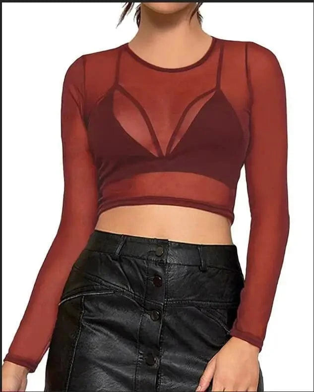 Customized / Rose red 945 Sexy Black Punk Club Streetwear Women T Shirt See Through Transparent Mesh Tops Long Sleeve Sheer Slim Ladies Turtleneck T-Shirt