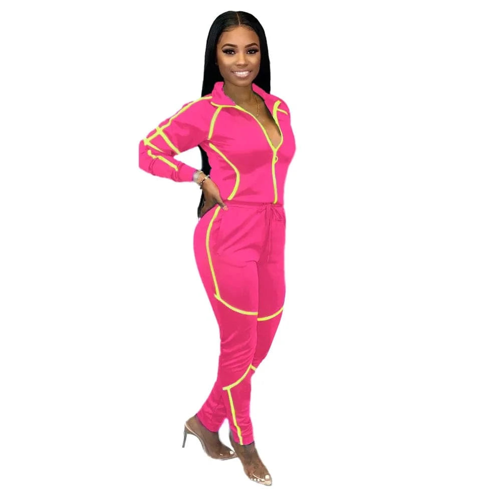 Customized / Rose Red Custom Logo Splicing Women Two Piece Outfits Zip Top Jacket Elastic Jogging Pants Streetwear Casual Sweatsuit Tracksuit Set