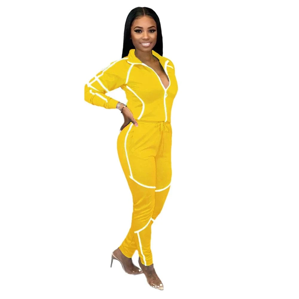 Customized / Yellow Custom Logo Splicing Women Two Piece Outfits Zip Top Jacket Elastic Jogging Pants Streetwear Casual Sweatsuit Tracksuit Set
