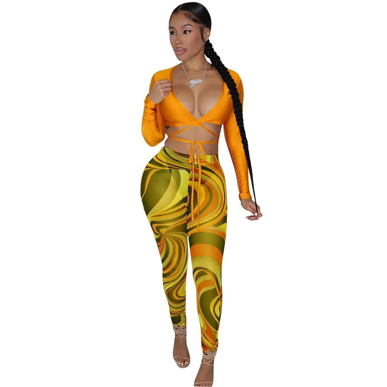 Customized / Yellow Summer Bandage Two Piece Set Sexy V Neck Lace Up Long Sleeve Crop Top Print Sheer Mesh Pants Club Party 2 Piece Set Women
