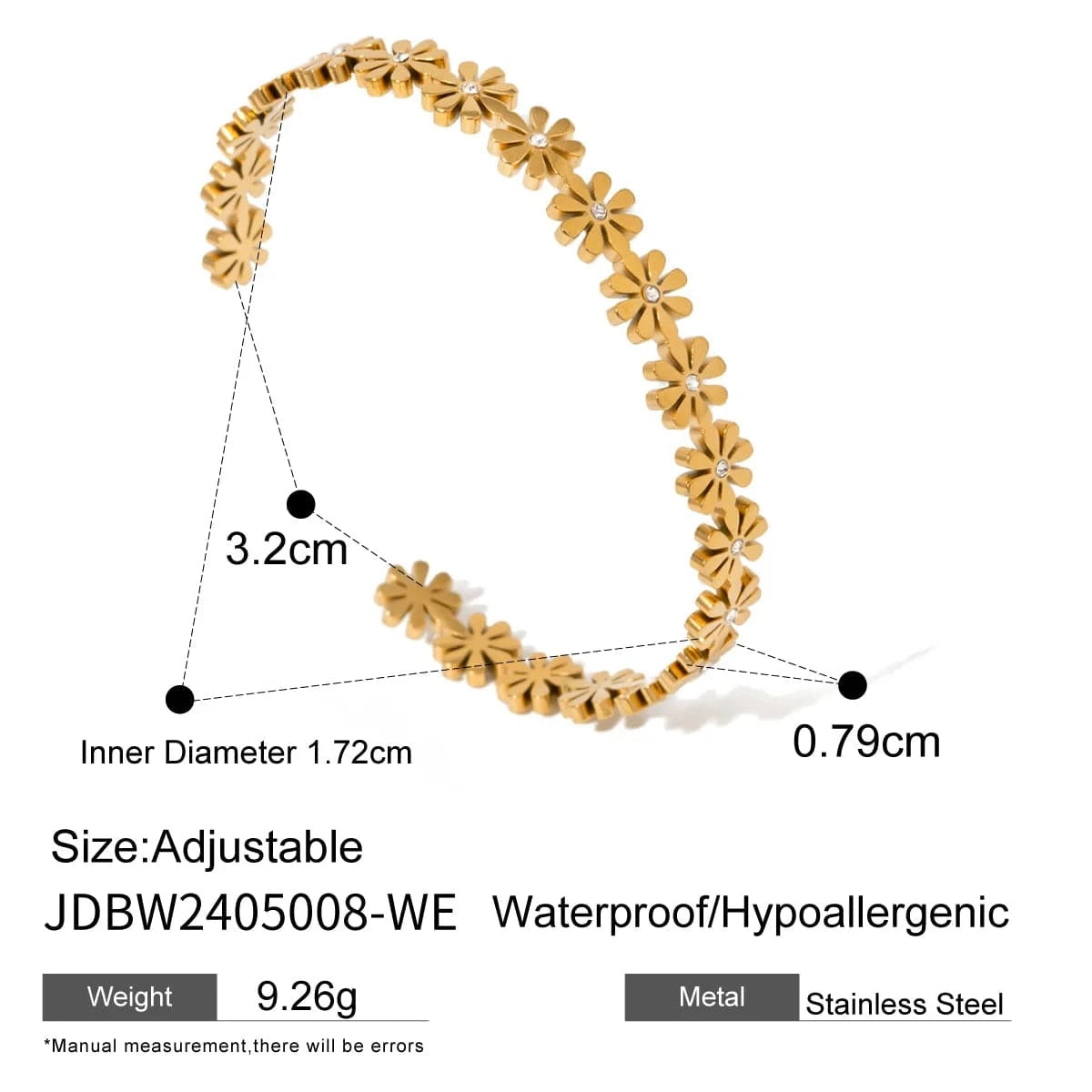 Cute / 1.72cm / BG875-1 BG875 18K Gold Plated Stainless Steel Daisy White Crystal Open Bangle