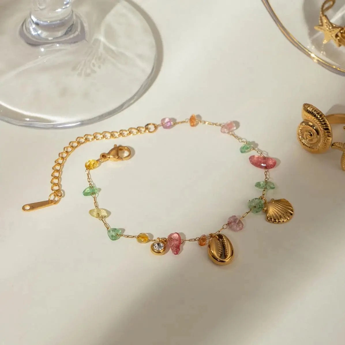 Cute / 16.5cm / BR965 BR965 18K Gold Plated Stainless Steel + Stone Colorful Stone Shell Fan Pendant Bracelet, 16.5+5cm