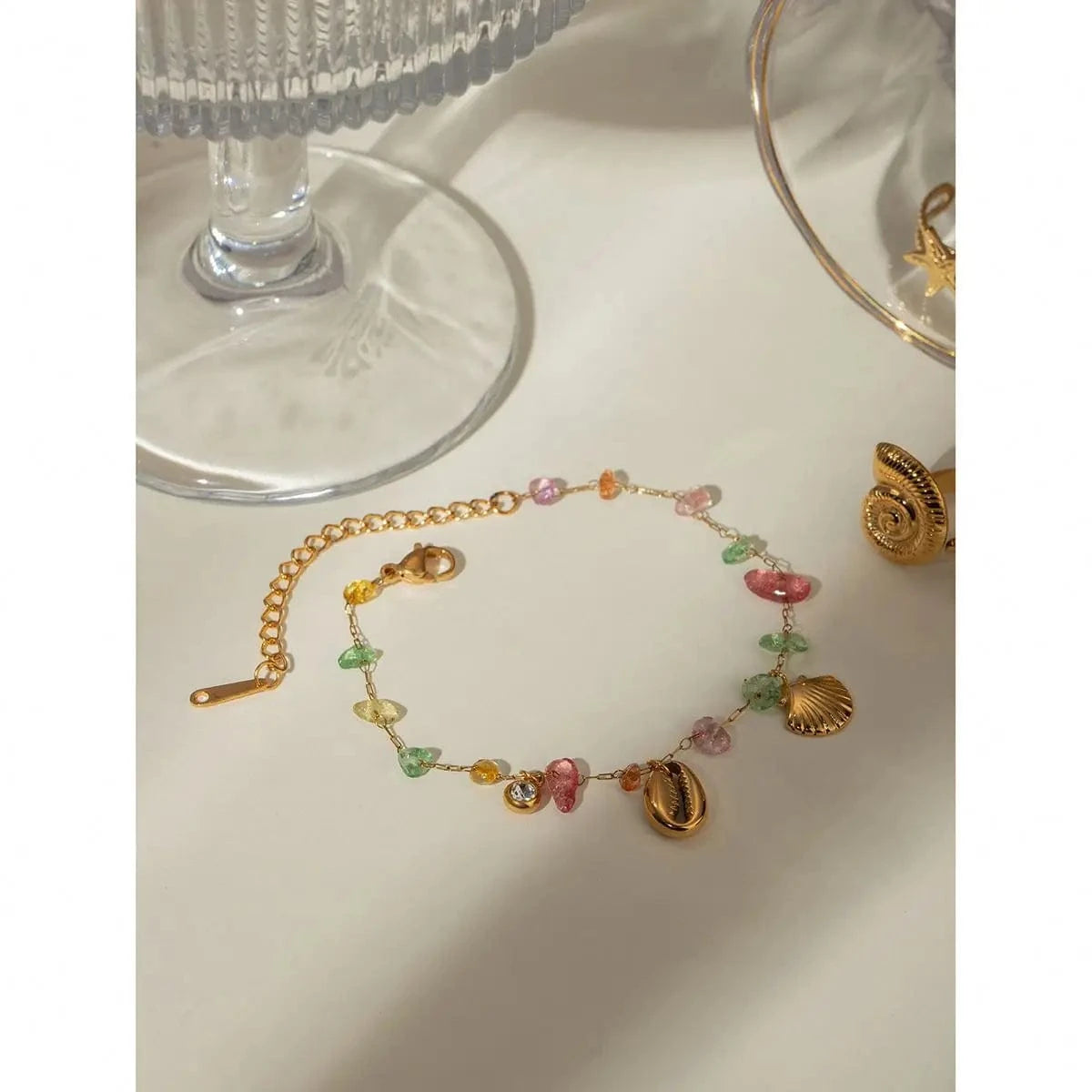 Cute / 16.5cm / BR965 BR965 18K Gold Plated Stainless Steel + Stone Colorful Stone Shell Fan Pendant Bracelet, 16.5+5cm