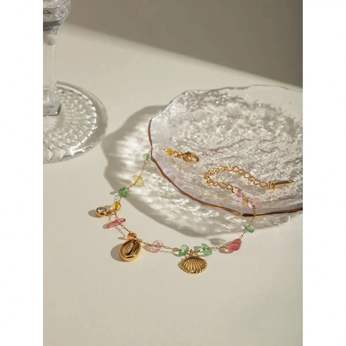 Cute / 16.5cm / BR965 BR965 18K Gold Plated Stainless Steel + Stone Colorful Stone Shell Fan Pendant Bracelet, 16.5+5cm