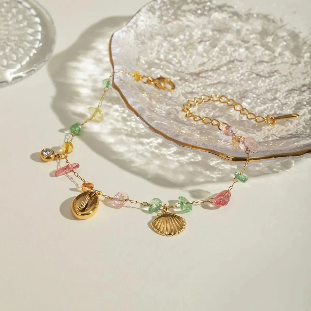 Cute / 16.5cm / BR965 BR965 18K Gold Plated Stainless Steel + Stone Colorful Stone Shell Fan Pendant Bracelet, 16.5+5cm