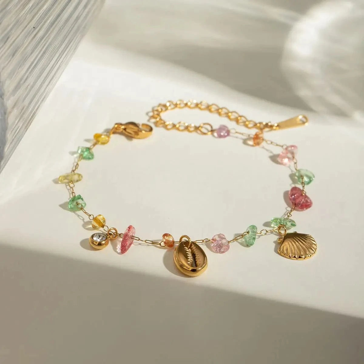 Cute / 16.5cm / BR965 BR965 18K Gold Plated Stainless Steel + Stone Colorful Stone Shell Fan Pendant Bracelet, 16.5+5cm
