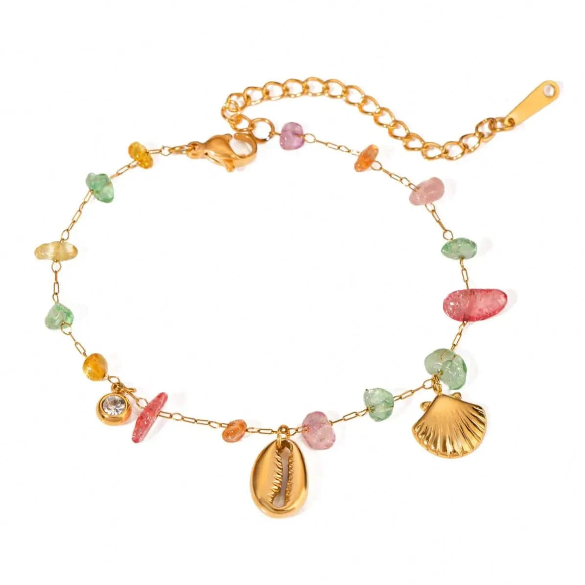 Cute / 16.5cm / BR965 BR965 18K Gold Plated Stainless Steel + Stone Colorful Stone Shell Fan Pendant Bracelet, 16.5+5cm