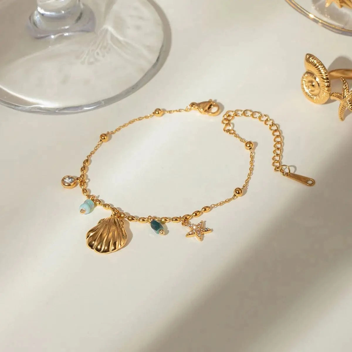 Cute / 16.5cm / BR966 BR966 18K Gold Plated Stainless Steel Crystal  Amazonite Shell Star Crystal Inlaid Blue Pendant Bracelet, 16.5+5cm