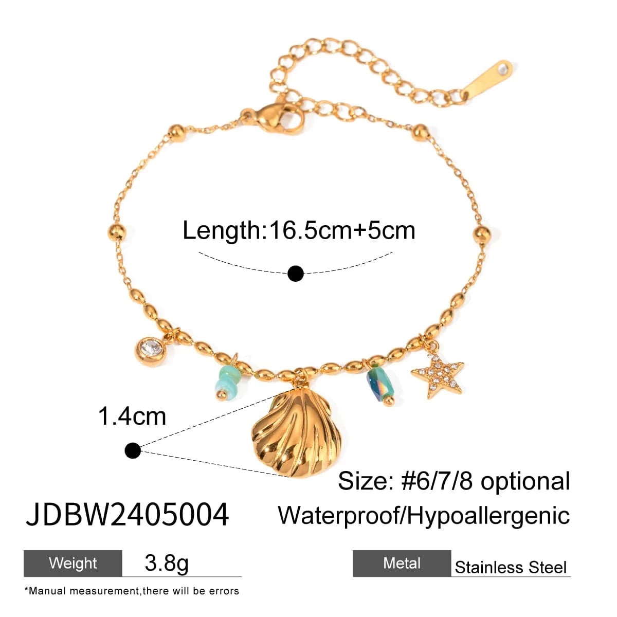 Cute / 16.5cm / BR966 BR966 18K Gold Plated Stainless Steel Crystal  Amazonite Shell Star Crystal Inlaid Blue Pendant Bracelet, 16.5+5cm