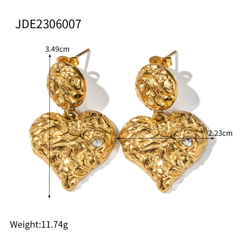 cute / E2075 E2075 New Trendy 18K Gold Plated Stainless Steel Jewelry Gift Texture Heart Drop Earrings For Women