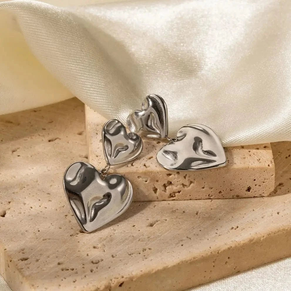 cute / E2076 E2076 New Trendy 18K Gold Plated Stainless Steel Jewelry Gift Texture Double Heart Drop Earrings For Women