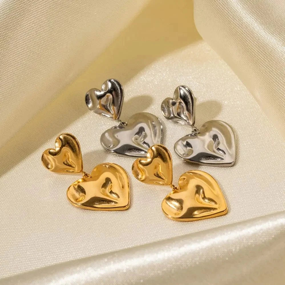 cute / E2076 E2076 New Trendy 18K Gold Plated Stainless Steel Jewelry Gift Texture Double Heart Drop Earrings For Women