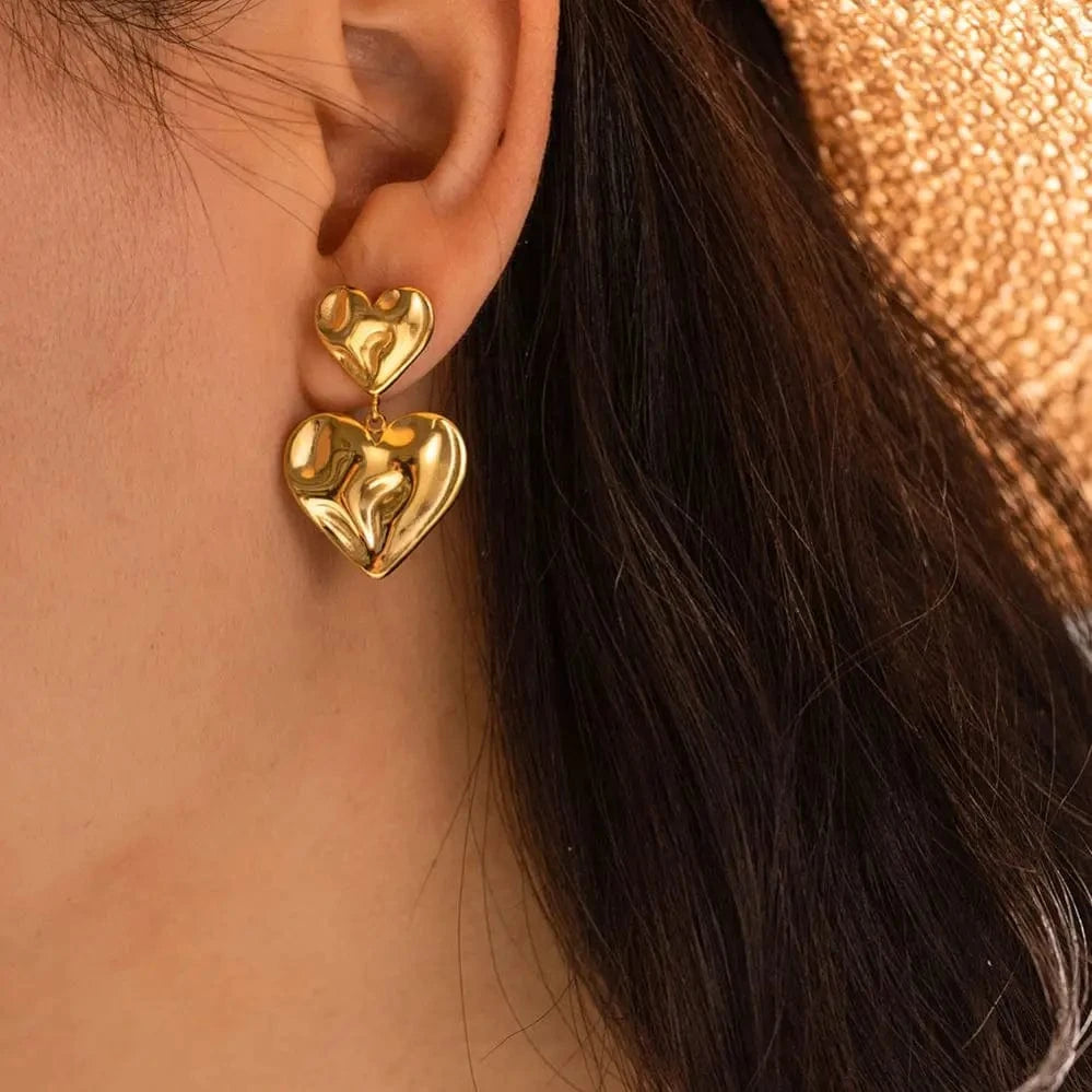 cute / E2076 E2076 New Trendy 18K Gold Plated Stainless Steel Jewelry Gift Texture Double Heart Drop Earrings For Women