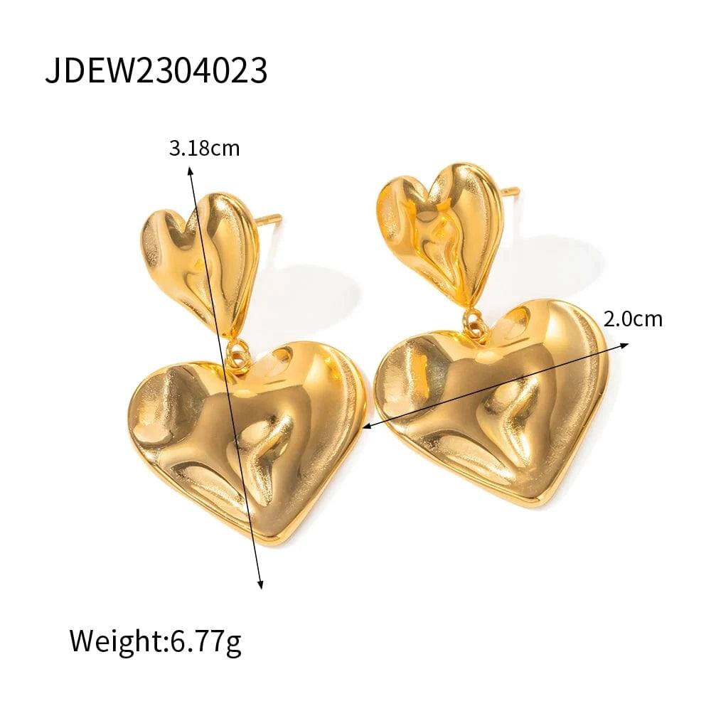 cute / E2076 E2076 New Trendy 18K Gold Plated Stainless Steel Jewelry Gift Texture Double Heart Drop Earrings For Women