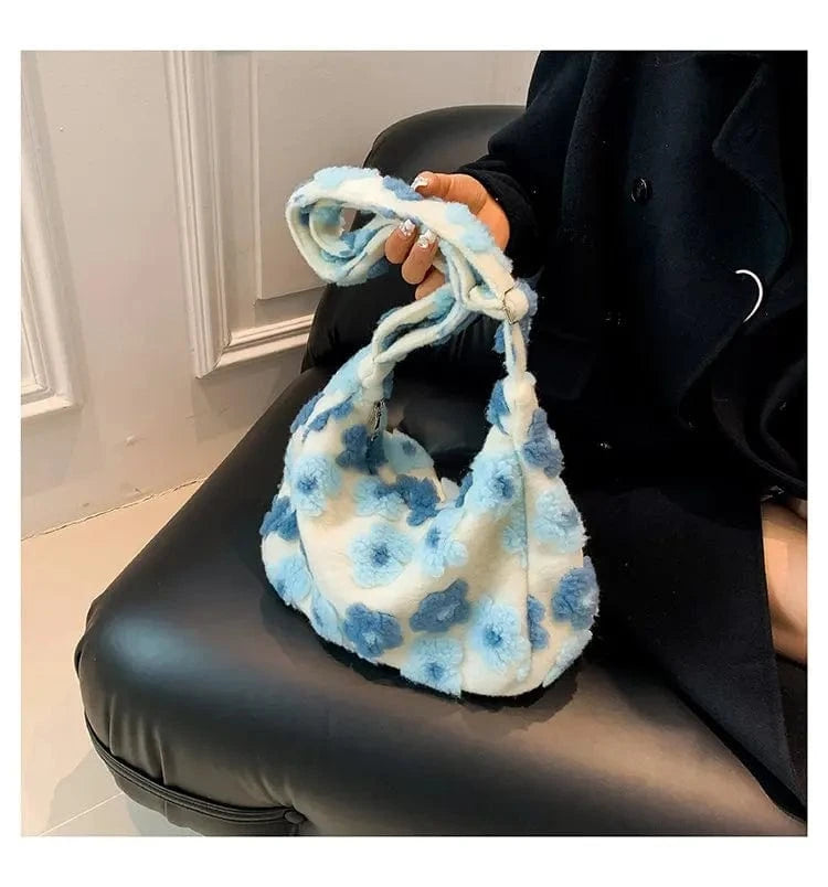 Cute Pink Heart Print Plush Handbag 2024 Trendy Women's Soft Faux Fur Tote Bag Purses Lady Shoulder Bags Female Fluffy Tote Bags