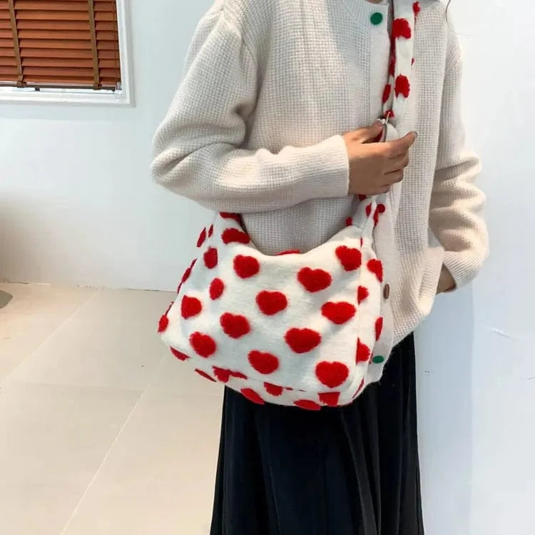 Cute Pink Heart Print Plush Handbag 2024 Trendy Women's Soft Faux Fur Tote Bag Purses Lady Shoulder Bags Female Fluffy Tote Bags