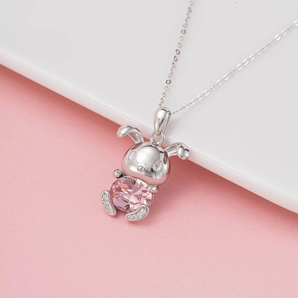 Cute / SSWN19 SWN19 RINNTIN Cute 925 Sterling Sliver Pink Crystal Rabbit Pendant Necklace for Women