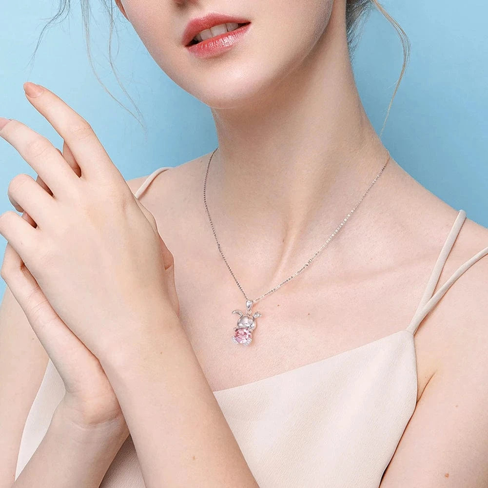 Cute / SSWN19 SWN19 RINNTIN Cute 925 Sterling Sliver Pink Crystal Rabbit Pendant Necklace for Women
