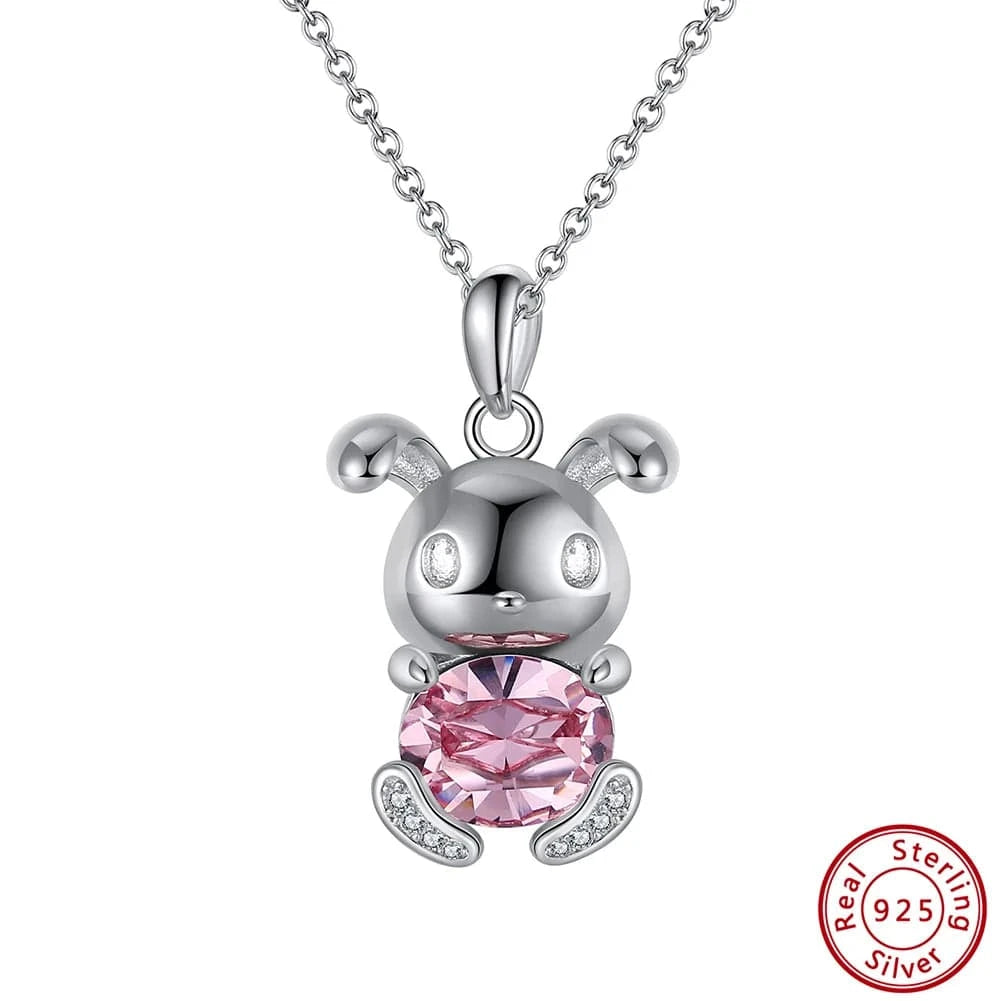 Cute / SSWN19 SWN19 RINNTIN Cute 925 Sterling Sliver Pink Crystal Rabbit Pendant Necklace for Women