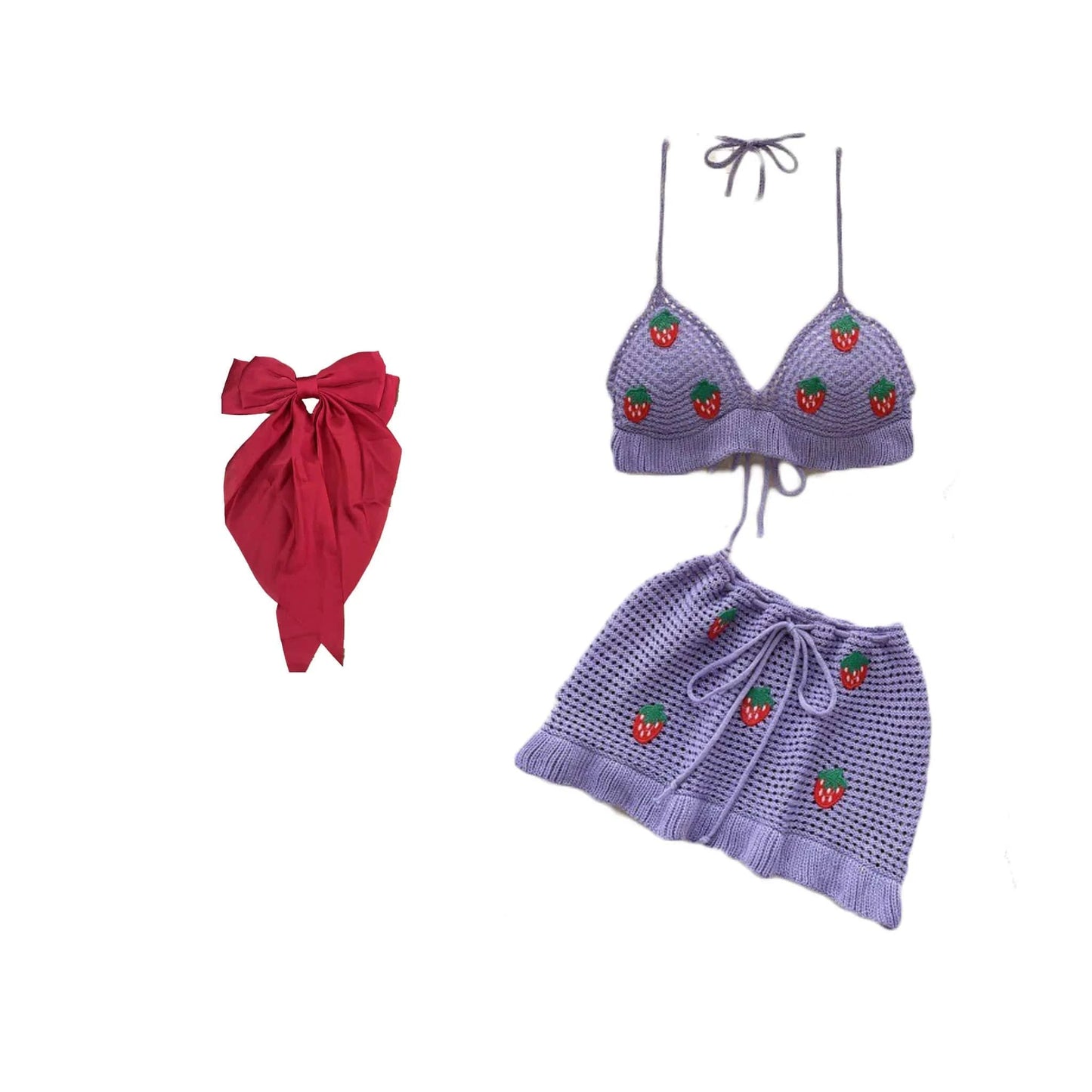 Cute Women Beach Knitted Halter Backless + Mini Skirt + Hair Bow Fashion Strawberry Beach 3 Piece Skirt Set