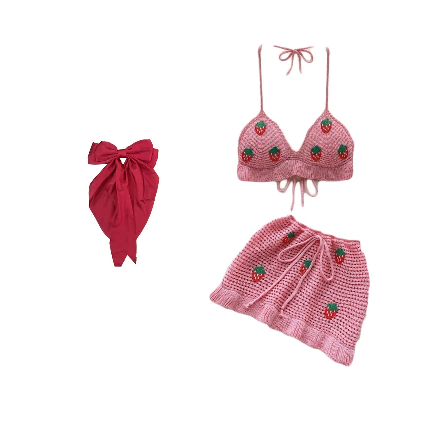 Cute Women Beach Knitted Halter Backless + Mini Skirt + Hair Bow Fashion Strawberry Beach 3 Piece Skirt Set