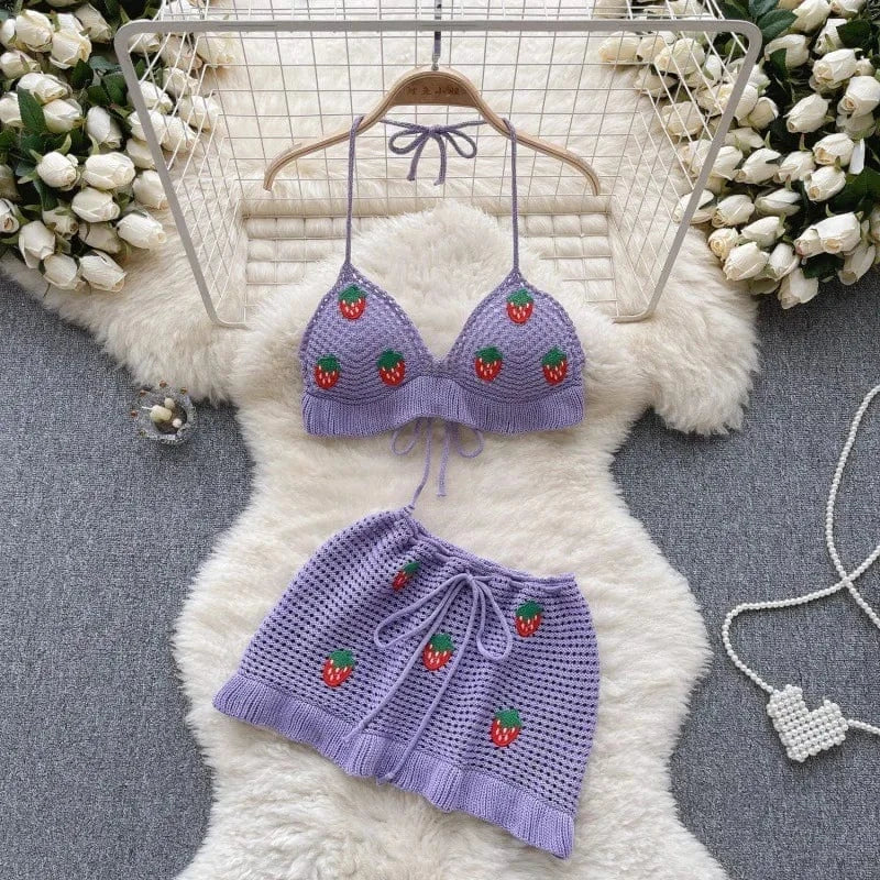 Cute Women Beach Knitted Halter Backless + Mini Skirt + Hair Bow Fashion Strawberry Beach 3 Piece Skirt Set