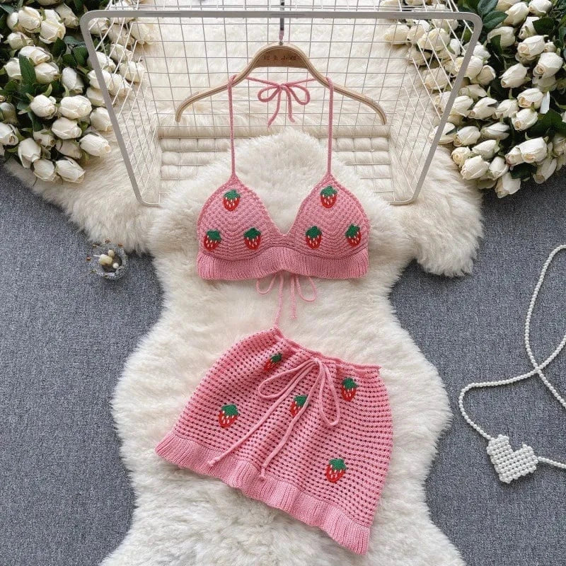Cute Women Beach Knitted Halter Backless + Mini Skirt + Hair Bow Fashion Strawberry Beach 3 Piece Skirt Set