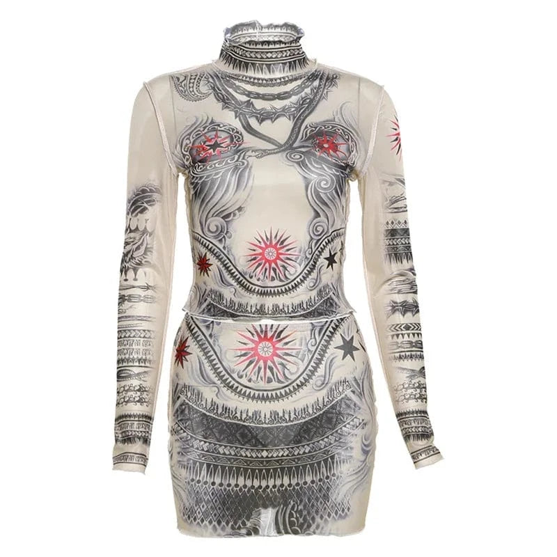 CUTENOVA 23ST1212 Fashion 2024  Sexy Mesh Long Sleeve Crop Top And Mini Skirt Two Piece Skirt Set Women's Sets