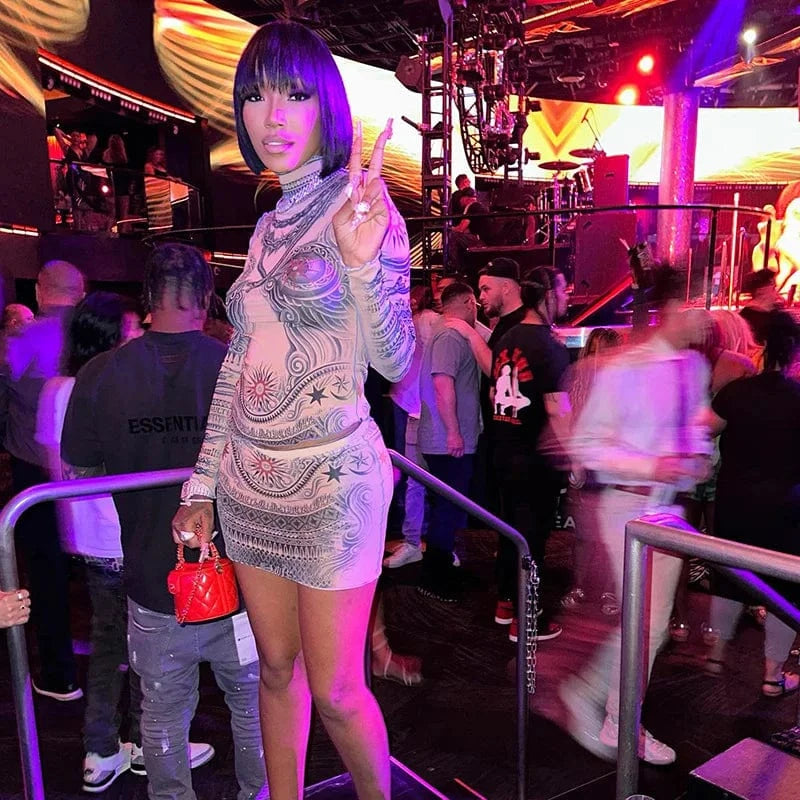 CUTENOVA 23ST1212 Fashion 2024  Sexy Mesh Long Sleeve Crop Top And Mini Skirt Two Piece Skirt Set Women's Sets