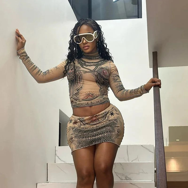 CUTENOVA 23ST1212 Fashion 2024  Sexy Mesh Long Sleeve Crop Top And Mini Skirt Two Piece Skirt Set Women's Sets