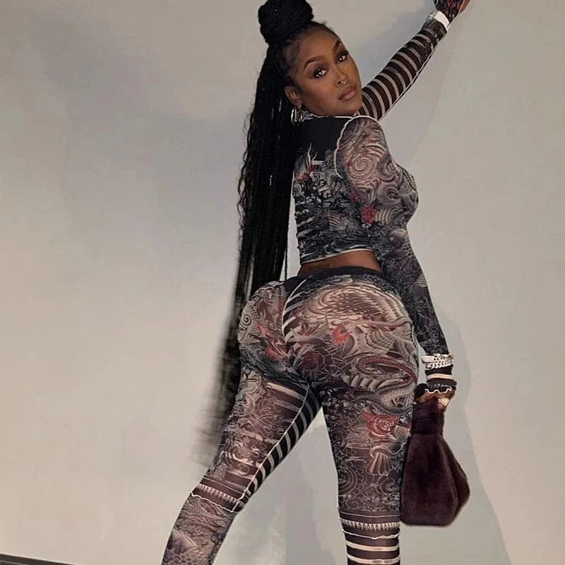 Cutenova 23ST123002 Retro Punk Printed 2024 Fashion Mesh Leggings Set Tight Fit 2 Piece Set Women'S Sets